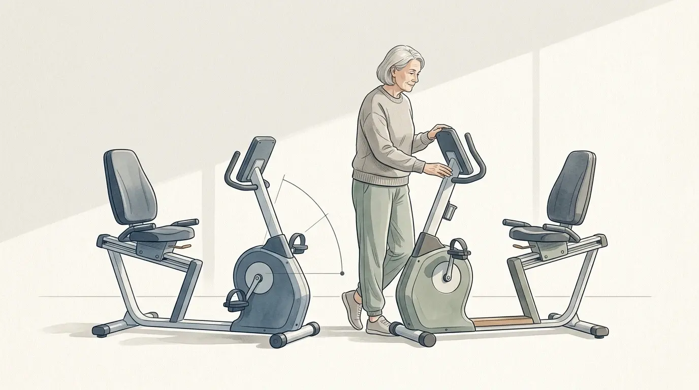 Illustration av två liggcyklar med ryggstöd och en upprätt motionscykel med lågt insteg, där en äldre kvinna håller i styret